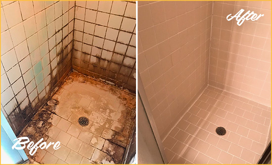 Before and After Picture of a Mount Juliet Shower Caulked to Fix and Prevent Water Damage