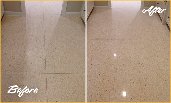 Before and After Picture of a Brentwood Granite Stone Floor Polished to Repair Dullness