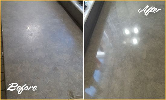 Before and After Picture of a Dull Thompson's Station Limestone Countertop Polished to Recover Its Color