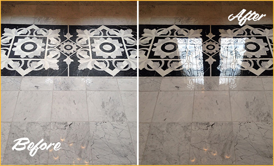 Before and After Picture of a Nashville Marble Stone Floor Polished to a Mirror Shine