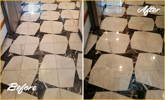 Before and After Picture of a Dull Brentwood Marble Stone Floor Polished To Recover Its Luster