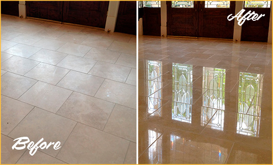 Before and After Picture of a Dull Murfreesboro Travertine Stone Floor Polished to Recover Its Gloss