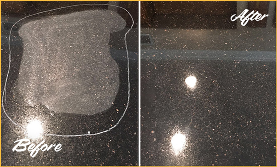 Before and After Picture of a Columbia Granite Stone Countertop Polished to Remove Scratches