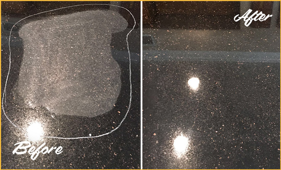 Before and After Picture of a Lakewood Granite Stone Countertop Polished to Remove Scratches