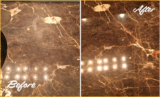 Before and After Picture of a Brentwood Marble Stone Countertop Polished to Eliminate Stains