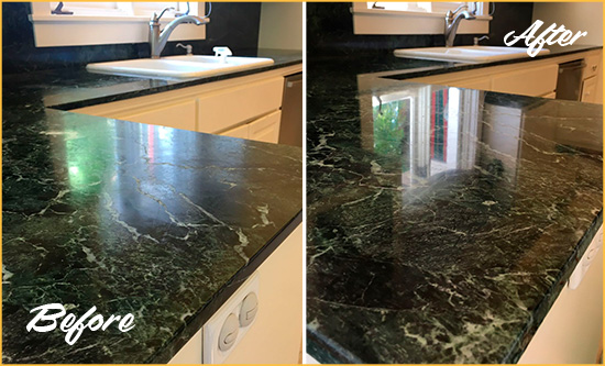 Before and After Picture of a Smyrna Marble Stone Counter Polished to Eliminate Water Marks