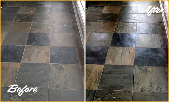 Before and After Picture of a Dull Green Hills Slate Floor Sealed to Bring Back Its Colors