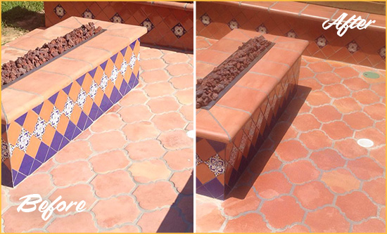 Before and After Picture of a Dull Oak Hill Terracotta Patio Floor Sealed For UV Protection