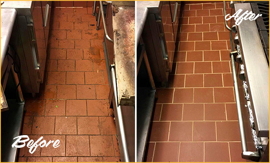 Before and After Picture of a Murfreesboro Restaurant Kitchen Floor Sealed to Remove Soil