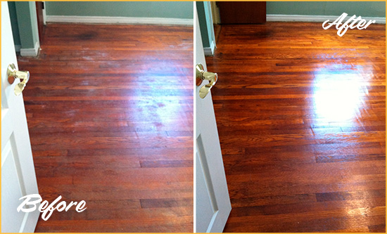 Before and After Picture of a College Grove Wood Deep Cleaning Service on a Dull Floor to Remove Stains