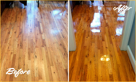 Before and After Picture of a Old Hickory Wood Deep Cleaning Service on a Worn Out Hallway