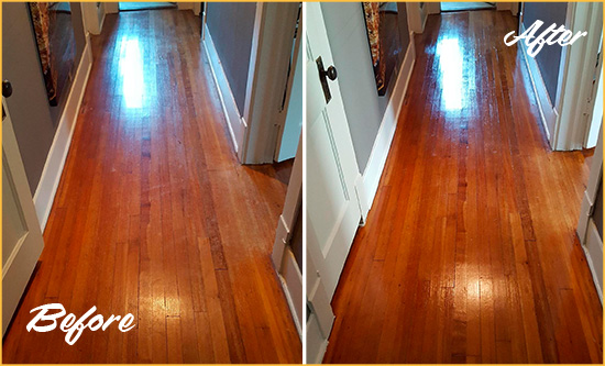 Before and After Picture of a Old Hickory Wood Sand Free Refinishing Service on a Floor to Eliminate Scratches