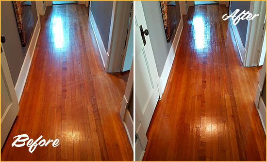 Before and After Picture of a Hendersonville Wood Sand Free Refinishing Service on a Floor to Eliminate Scratches