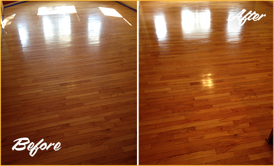 Before and After Picture of a Old Hickory Wood Sand Free Refinishing Service on a Room Floor to Remove Scratches