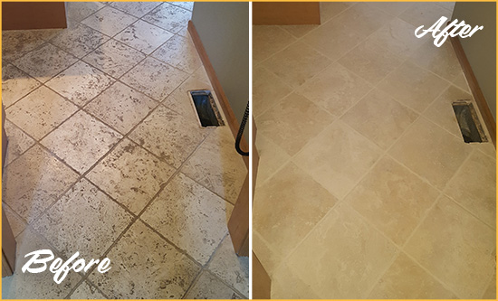 Before and After Picture of a Ridgetop Kitchen Marble Floor Cleaned to Remove Embedded Dirt