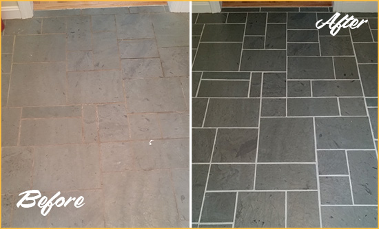 Before and After Picture of a Nolensville Slate Floor Cleaned to Remove Deep-Seated Dirt