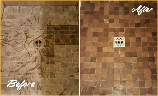 Before and After Picture of a Stained Thompson's Station Marble Shower Floor Cleaned to Remove Etching