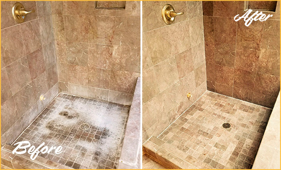 Before and After Picture of a Ridgetop Travertine Shower Cleaned to Eliminate Water Spots