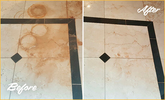 Before and After Picture of a Brentwood Marble Floor Cleaned to Eliminate Rust Stains