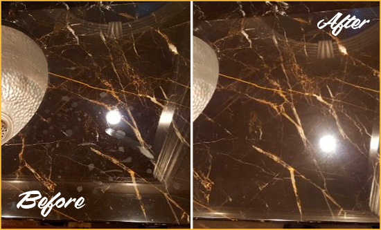Before and After Picture of a Smyrna Marble Countertop Cleaned to Remove Water Spots