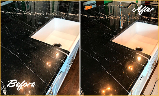 Before and After Picture of a Lakewood Marble Kitchen Countertop Stone Sealed to Avoid Water Damage