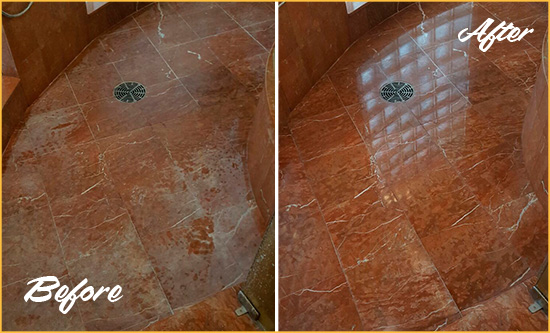 Before and After Picture of Damaged Brentwood Marble Floor with Sealed Stone