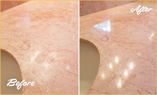 Before and After Picture of a Belle Meade Marble Stone Vanity Top Sealed to Avoid Water Marks