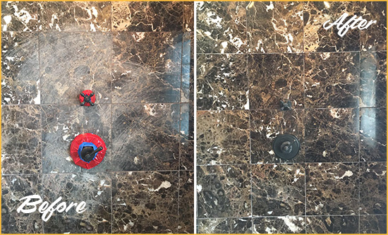 Before and After Picture of a Old Hickory Marble Shower Honed to Remove Scratches
