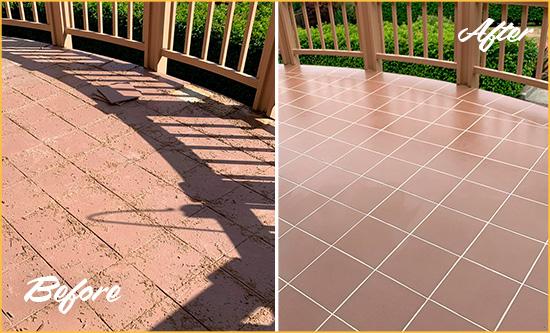 Before and After Picture of a Oak Hill Hard Surface Restoration Service on a Tiled Deck