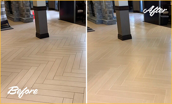 Before and After Picture of a Ridgetop Hard Surface Restoration Service on an Office Lobby Tile Floor to Remove Embedded Dirt