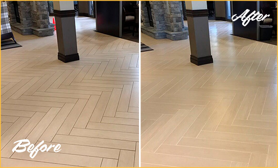 Before and After Picture of a Bellevue Hard Surface Restoration Service on an Office Lobby Tile Floor to Remove Embedded Dirt