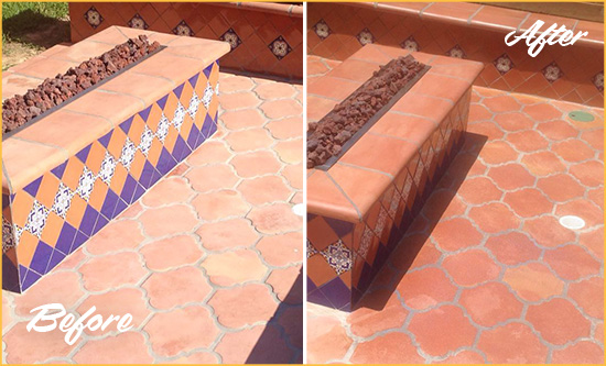 Before and After Picture of a Ridgetop Hard Surface Restoration Service on a Dull Terracotta Patio Floor to Recover Its Color