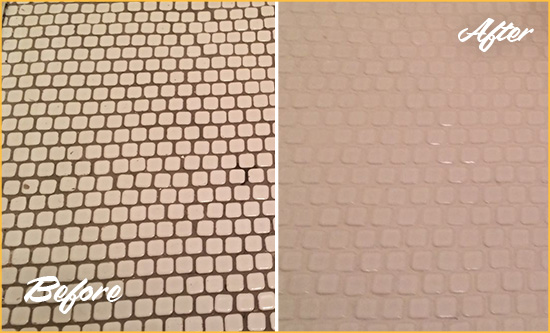 Before and After Picture of a Forest Hills Hard Surface Restoration Service on a Bathroom Tile Floor Recolored to Fix Grout Color