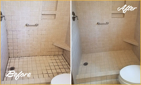 Before and After Picture of a Green Hills Shower Grout Cleaned to Remove Mold