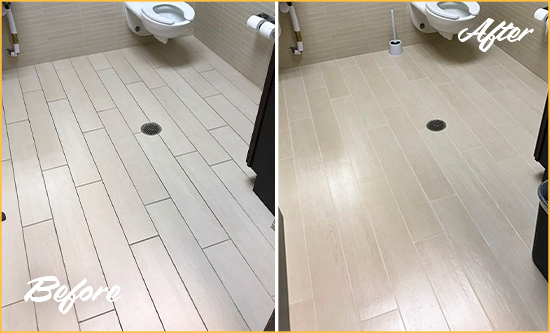 Before and After Picture of a Brentwood Office Restroom's Grout Cleaned to Remove Dirt