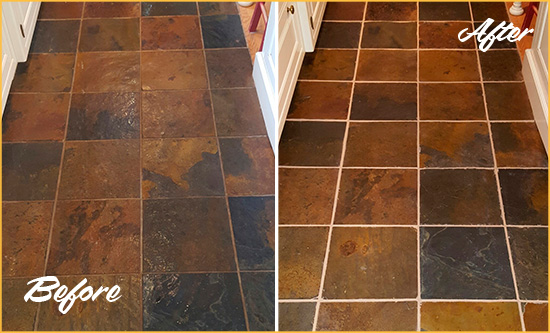 Before and After Picture of Oak Hill Slate Floor Grout Cleaned to Remove Dirt