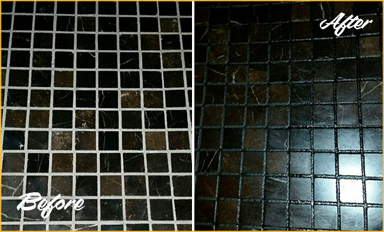 Before and After Picture of a Spring Hill Black Floor with Recolored Grout