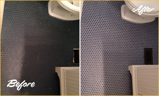 Before and After Picture of a Nolensville Blue Tile Floor Recolored Grout