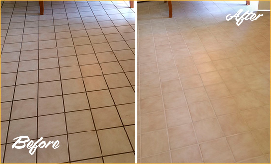 Before and After Picture of a Ridgetop Kitchen Tile Floor with Recolored Grout