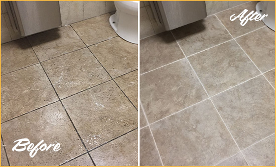 Before and After Picture of a Nashville Office Restroom Floor Recolored Grout