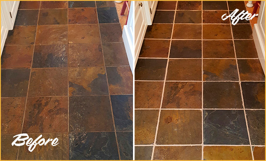 Before and After Picture of a Ridgetop Slate Floor Recolored Grout