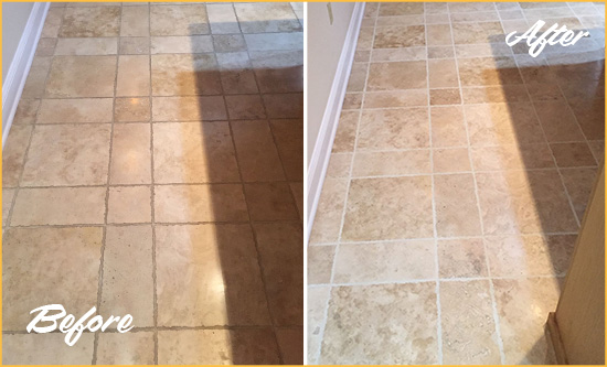 Before and After Picture of a Nashville Travertine Kitchen Floor Recolored Grout