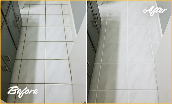 Before and After Picture of a Belle Meade White Ceramic Tile with Recolored Grout