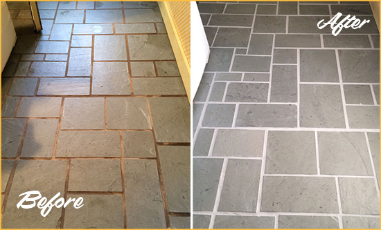 Before and After Picture of Damaged College Grove Slate Floor with Sealed Grout