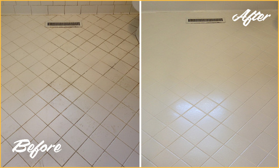 Before and After Picture of a Oak Hill White Bathroom Floor Grout Sealed for Extra Protection