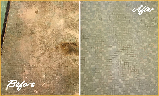 Before and After Picture of a Ridgetop Mosaic Shower Cleaned to Eliminate Embedded Dirt