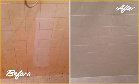 Before and After Picture of a Bellevue Porcelaine Shower Cleaned to Remove Soap Scum