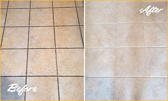 Before and After Picture of a Bellevue Ceramic Floor Cleaned to Remove Soil