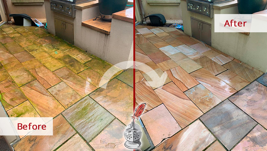 Before and After Picture of an Outdoor Floor After a Remarkable Stone Cleaning in Franklin