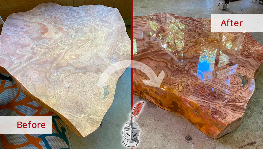 Before and After Image of an Onyx Table Top After a Remarkable Stone Polishing in Nashville